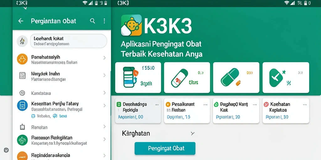Antarmuka pengguna aplikasi K3K3 yang sederhana dan informatif untuk pengingat obat.